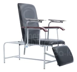 Multi-Functional Chair, dark grey upholstery, reclined side view, footrest extended