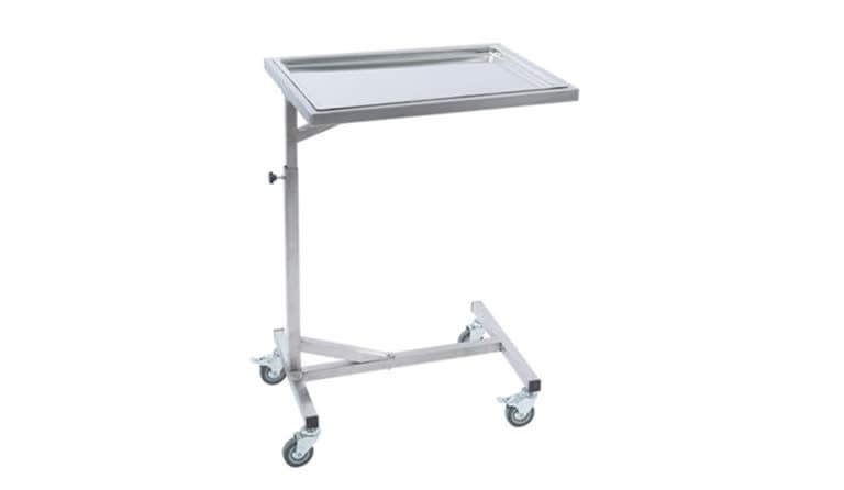 Mayo Table, chrome-plated stand with removable stainless steel tray, three-quarter studio view