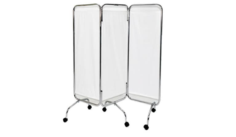 Ward Screens, three-fold frame with white panels on castors, front studio view