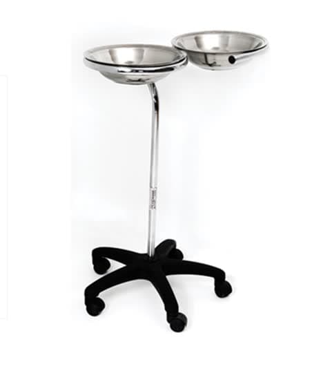 Bowl Stand (Double), two stainless steel bowls on a five-star castor base, studio view