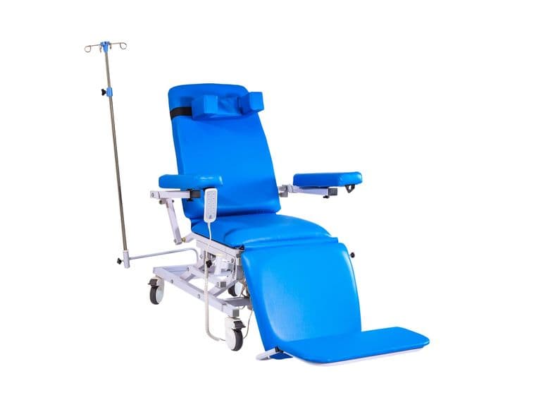 Four-Function Hemodialysis Chair, reclined tray-retracted angle