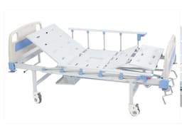 2-Function Manual Bed with Integrated Toilet, backrest and knee sections raised, rails up, studio view