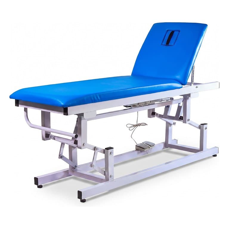 Electric Examination Couch, blue two-section top, backrest raised with face hole, foot switch, side studio view