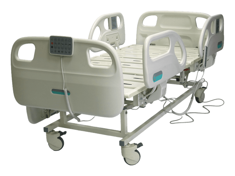 MEDcare F5 medical bed, flat deck with the near rail lowered, three-quarter head-end view, hand pendant hanging on the headboard, transparent product cutout — MLH-01 (f5-medical-bed)