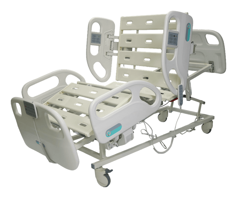 MEDcare F5 medical bed, foot-end three-quarter view with the near rail lowered, backrest raised, under-deck actuator visible, transparent product cutout — MLH-01 (f5-medical-bed)