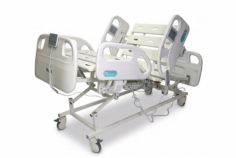 F5 Medical Bed, backrest raised, viewed from the foot corner with rails up, bare deck, white studio