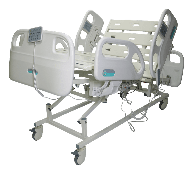 MEDcare F5 medical bed in Trendelenburg tilt, head-end three-quarter view, full base frame and four castors visible, transparent product cutout — MLH-01 (f5-medical-bed)