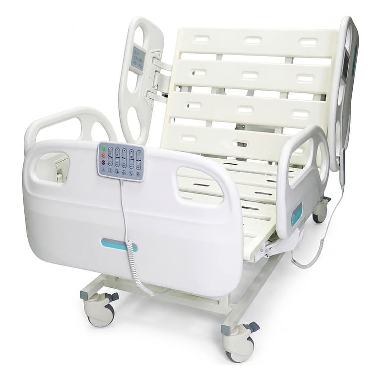 F5 Medical Bed, three-quarter view, backrest raised, control pad mounted on the head-end rail, white background
