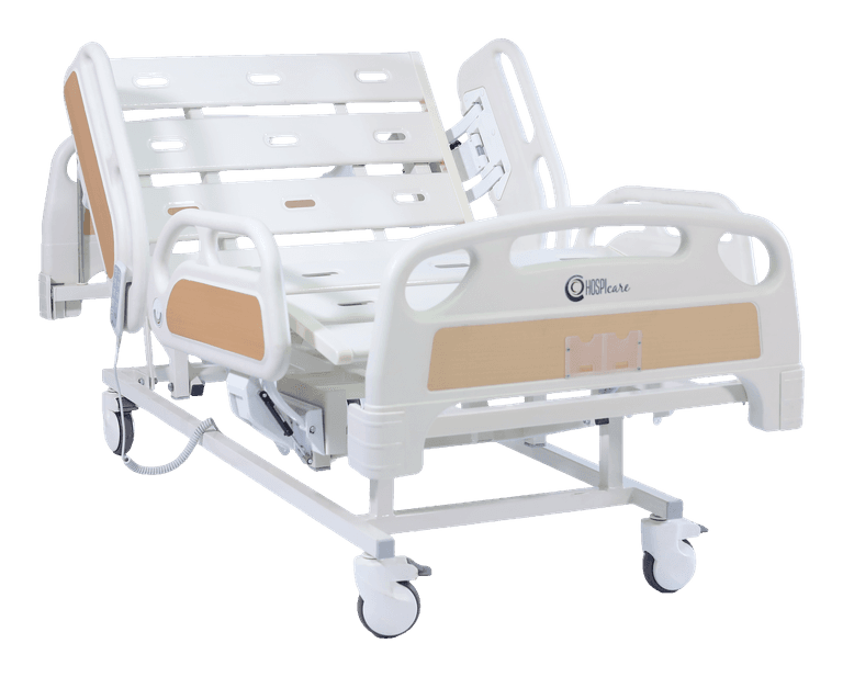Electric hospital bed, backrest and knee sections raised, all four side rails up, wood-finish inserts, hand pendant on its coiled cable, white sweep, transparent product cutout — MLP-01