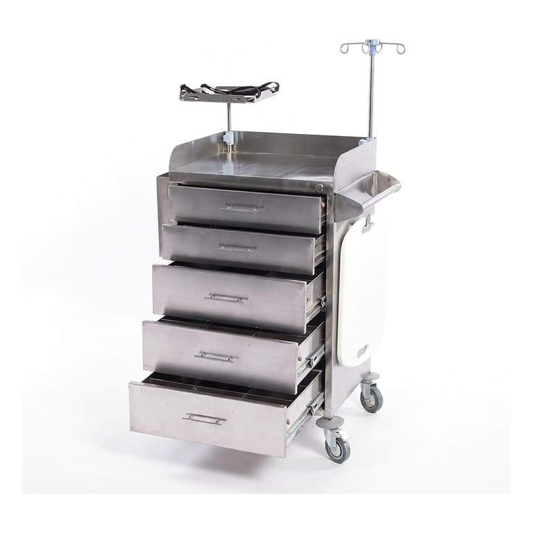 Emergency Cart, stainless steel, five drawers open, IV pole and side-mounted CPR board, rear three-quarter studio view