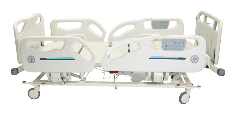 MEDcare Santron ICU bed, flat deck, all four half-length side rails raised, full side view; analogue angle-indicator dial on both rails, teal accent stripes, hand-control keypad on the foot-end rail, transparent product cutout — SANTRON (santron-icu-bed)