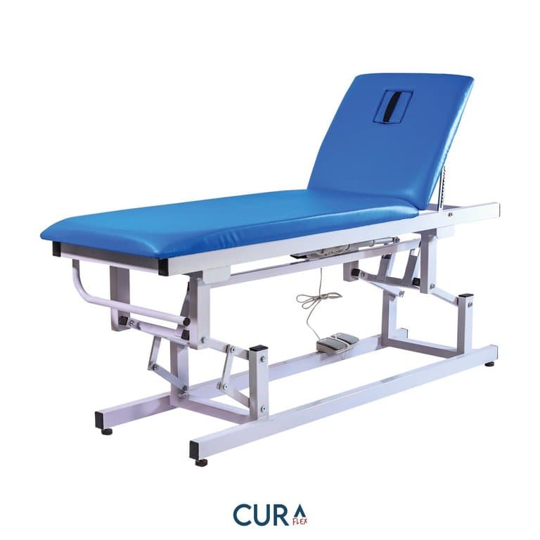 Electric Examination Couch, blue top, backrest raised, studio view