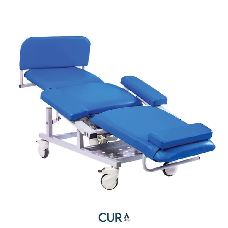 Three-Function Trendelenburg Hemodialysis Chair, blue upholstery, reclined three-quarter view