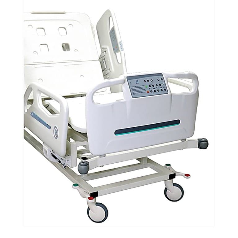 Santron Hospital Bed, three-quarter foot-end view, backrest raised, rails up, white background