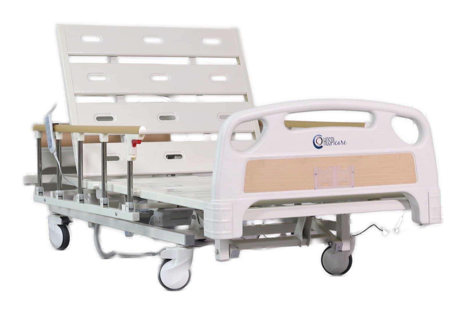 Three-Function Side-Rail Bed, front three-quarter view, side rails raised