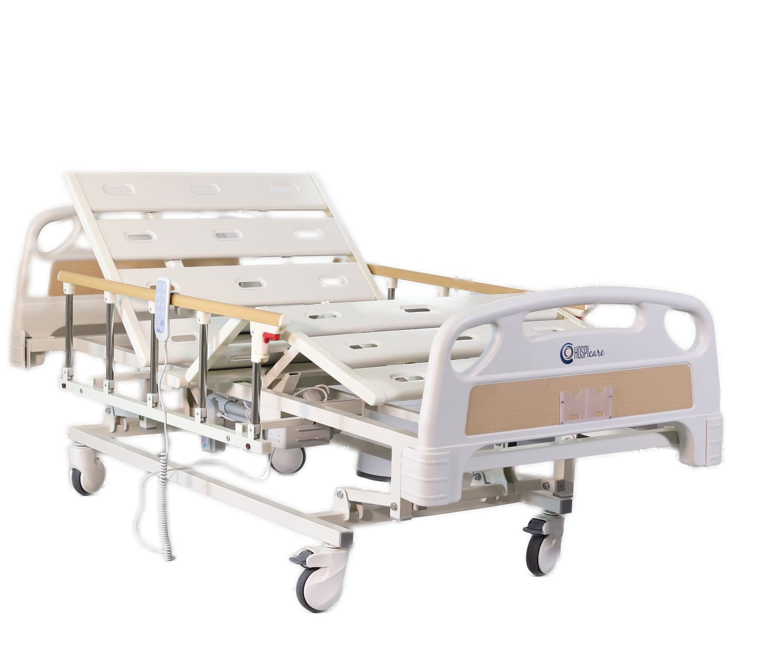 Three-Function Side-Rail Bed, full bed with rails raised and handset