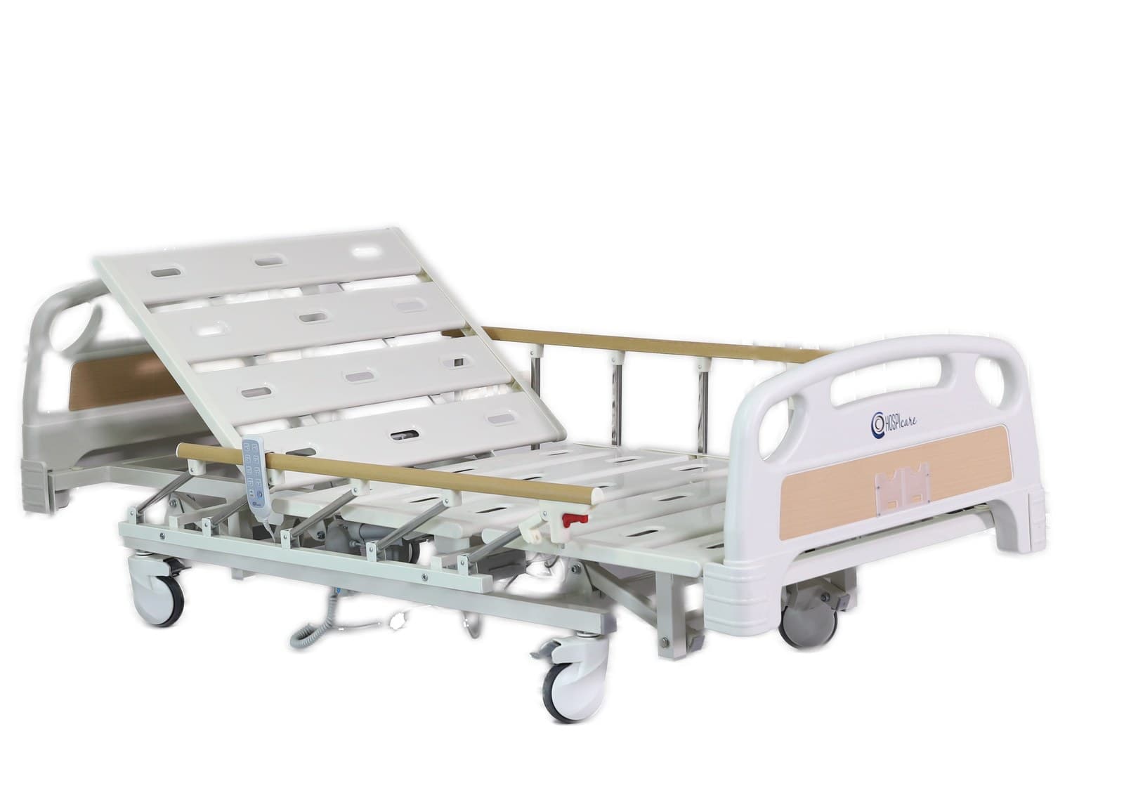 Three-Function Side-Rail Bed, backrest raised, side view