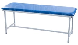 Fixed Examination Couch MLC-01E, blue vinyl top, white steel frame, three-quarter view