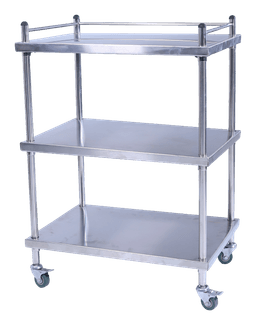 Stainless three-tier instruments trolley on castors with top guard rail, transparent product cutout — MLC-32