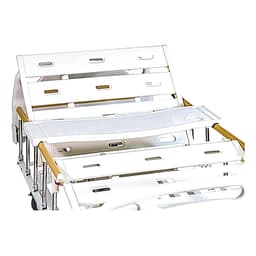 Over-Bed Table, tilted melamine tray surface close-up, amber edge trim