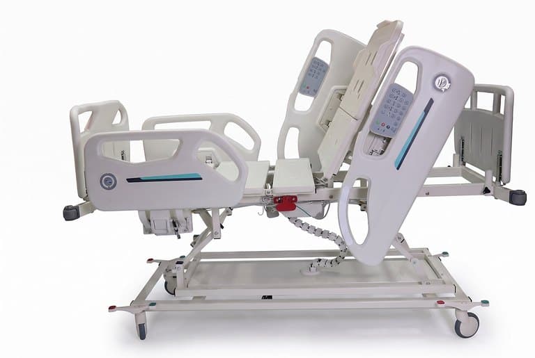 Santron Pro ICU Bed, backrest raised, rail control panels visible, side studio view