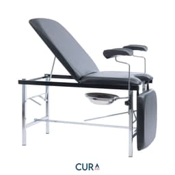 Manual Gynecological Couch MLC-02, backrest raised, stirrups extended, three-quarter view