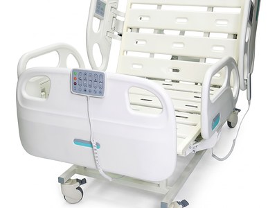 F5 Medical Bed, three-quarter view, backrest raised, control pad mounted on the head-end rail, white background